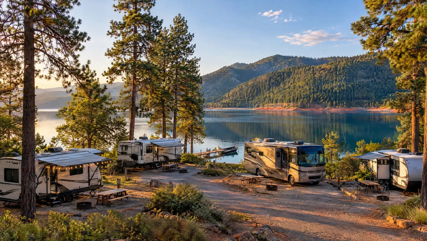 Illustration of RV campsites under pines beside a mountain lake
