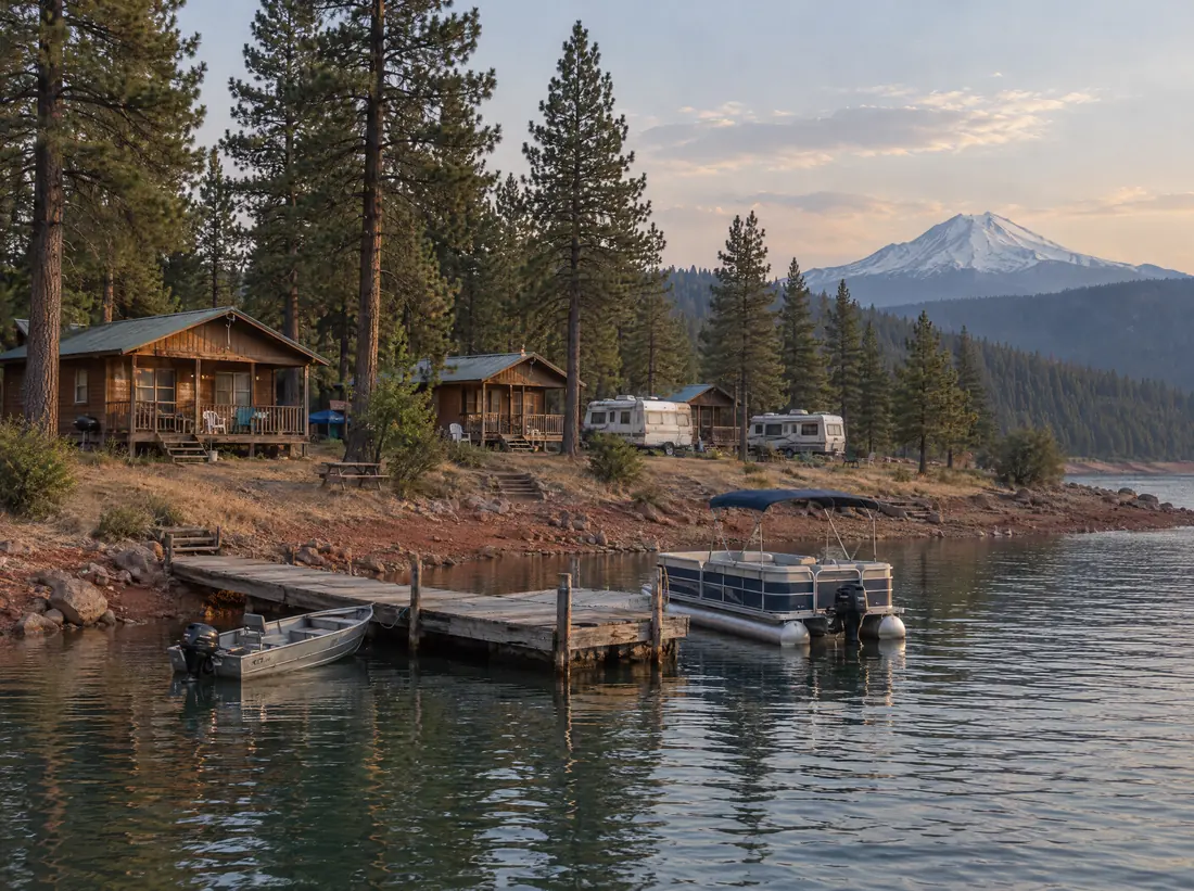 Illustration of a small lakeside resort with cabins, RV sites and a boat dock below Mount Shasta