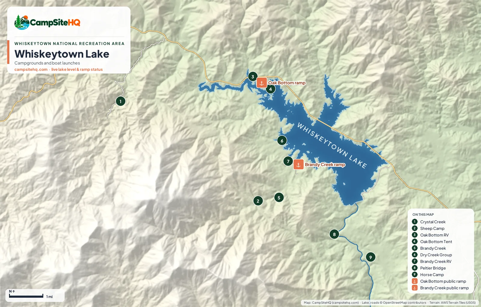 Map of Whiskeytown Lake west of Redding with numbered campgrounds and the Oak Bottom and Brandy Creek boat launches