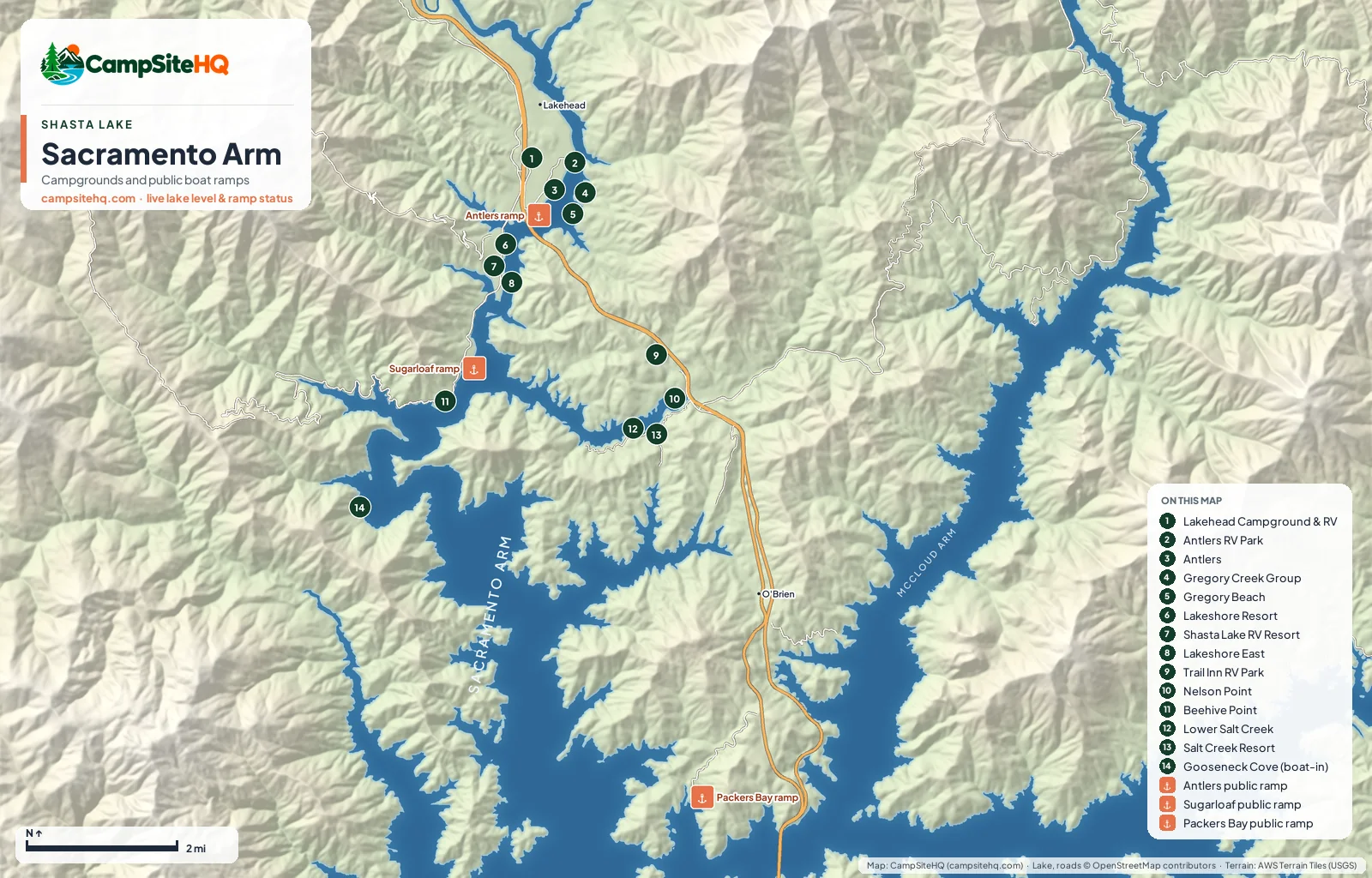 Map of the Sacramento Arm of Shasta Lake from Lakehead to O'Brien, with numbered campgrounds and the Antlers, Sugarloaf and Packers Bay boat ramps